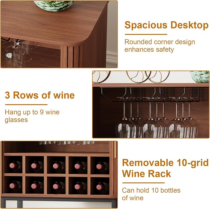 Wine Cabinet with Storage, Liquor Cabinet with Sliding Doors & Open Wine Rack - Image 4