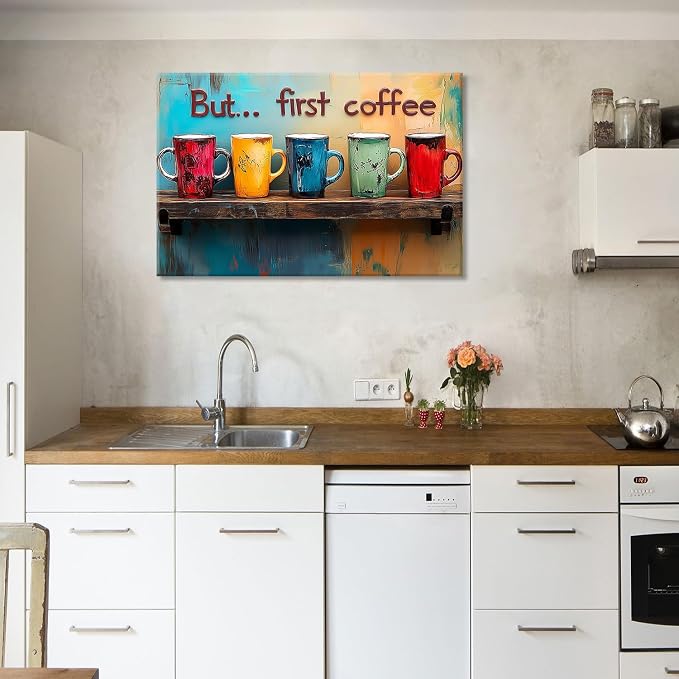 Colorful Wall Art But First Coffee Sign Mug Picture Kitchen Wall Decor - Image 2