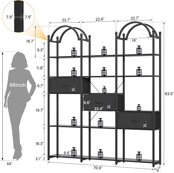 83.5" Tall Arched Bookshelf, Triple Wide 6-Tier Large Open Book Shelf - Image 2