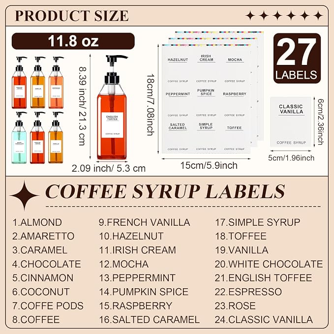 Nuogo 6 Pcs Coffee Syrup Dispenser Bottles Set 750ml, 150ml PET Black Syrup - Image 2