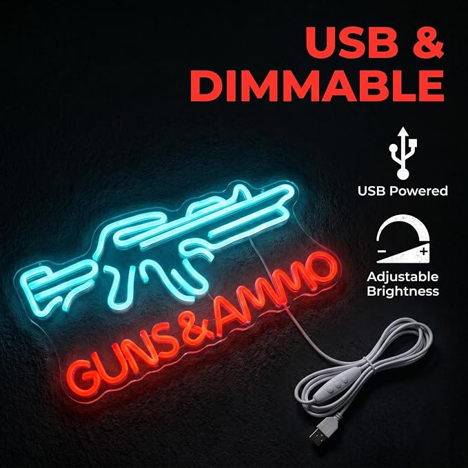 Guns & Ammo Neon Sign, Rifle Shaped Dimmable Dual Color LED Wall Decor - Image 3