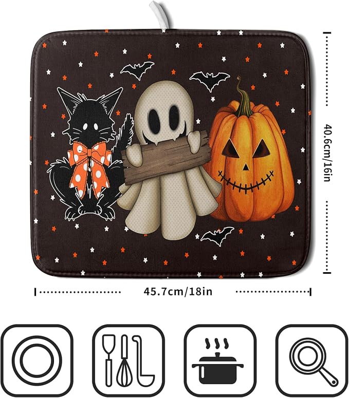 Giwawa 16"x18" Halloween Dish Drying Mat Spooky Pumpkin Ghost Black Cat Bats - Image 2