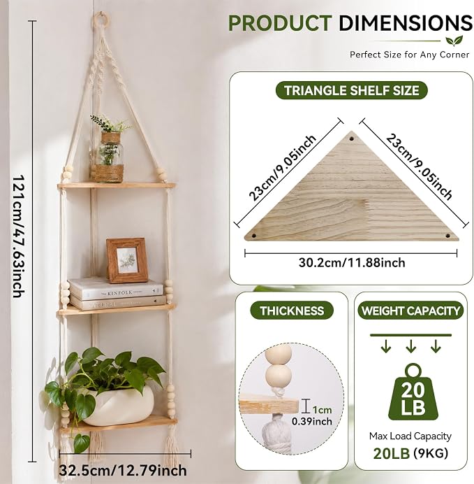 Artilady Macrame Corner Shelf Wall Hanging 3-Tier, Adjustable Boho Wood Plant - Image 2