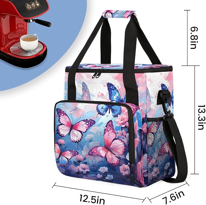 Pink Blue Butterfly Coffee Maker Carring Bag, Large Insulated Storage Organizer - Image 2