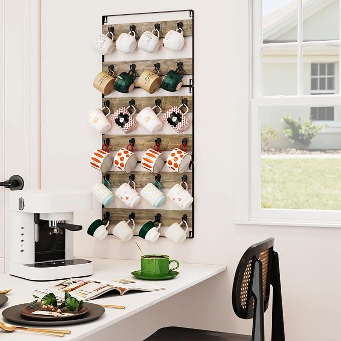 IBUYKE Wall-Mounted Mug Rack Set of 3, 24-Hook Large Coffee Display Organizer - Image 3