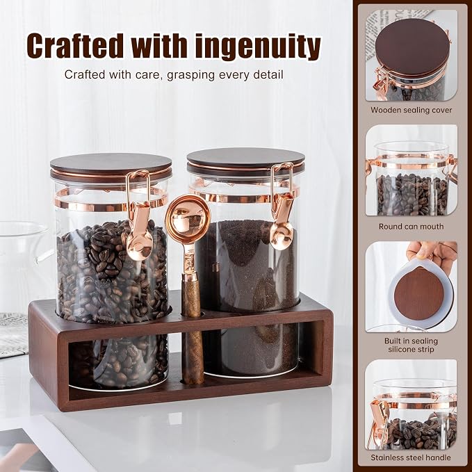 Glass Coffee Container with Wooden Shelf, 2 x 40 FLOZ Coffee Bean Storage with - Image 3
