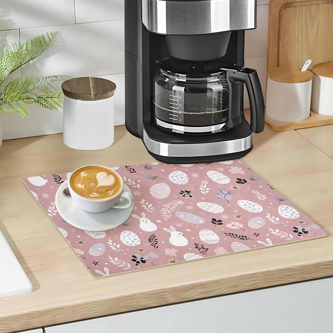 Pink Easter Bunny Eggs Leaves Coffee Mat Coffee Bar Maker Backed Absorbent - Image 5