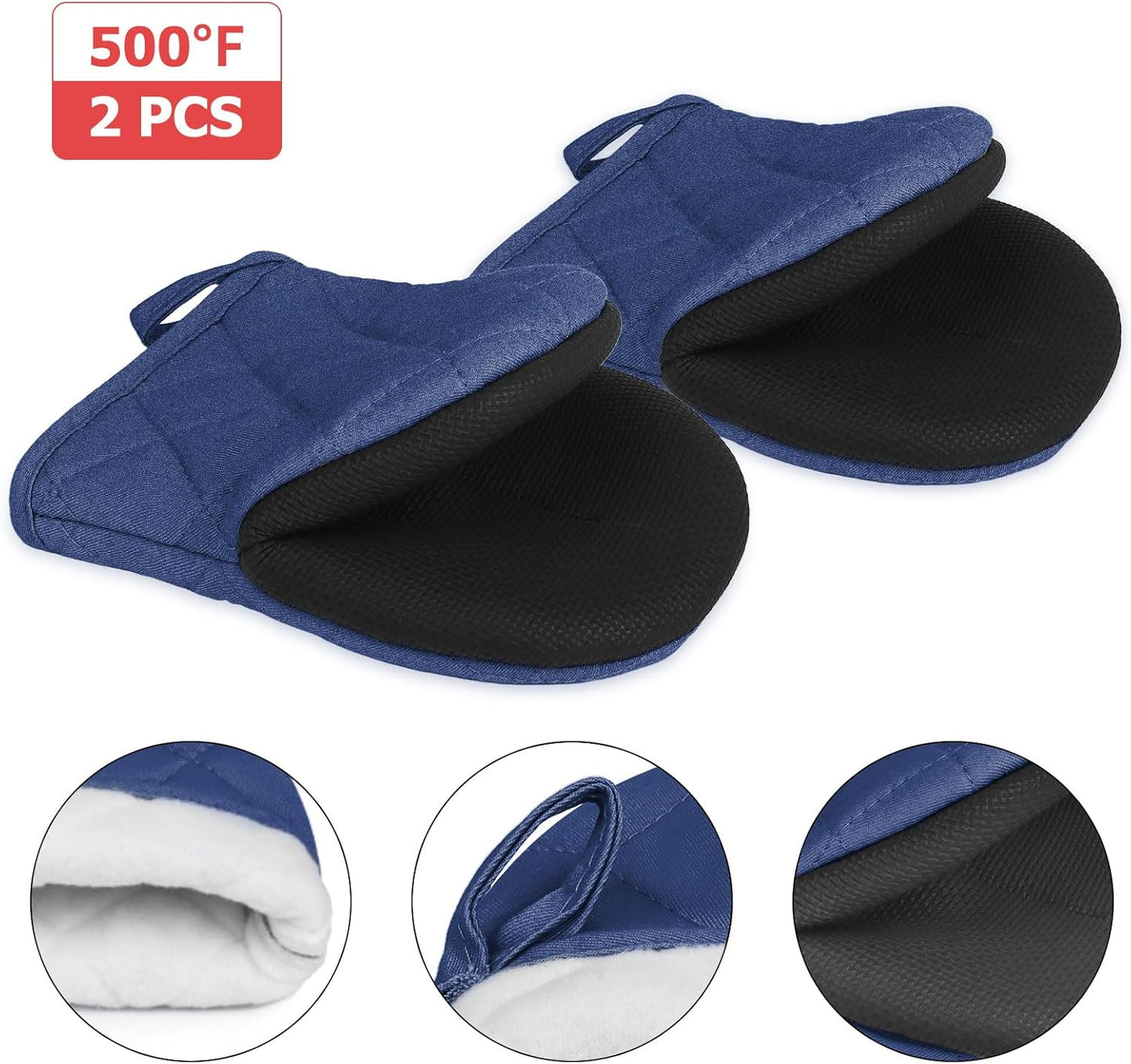 1 Pair Short Oven Mitts, Heat Resistant Silicone Kitchen Mini Oven Mitts for 500 Degrees, Non-Slip Grip Surfaces and Hanging Loop Gloves, Baking Grilling Barbecue Microwave Machine Washable