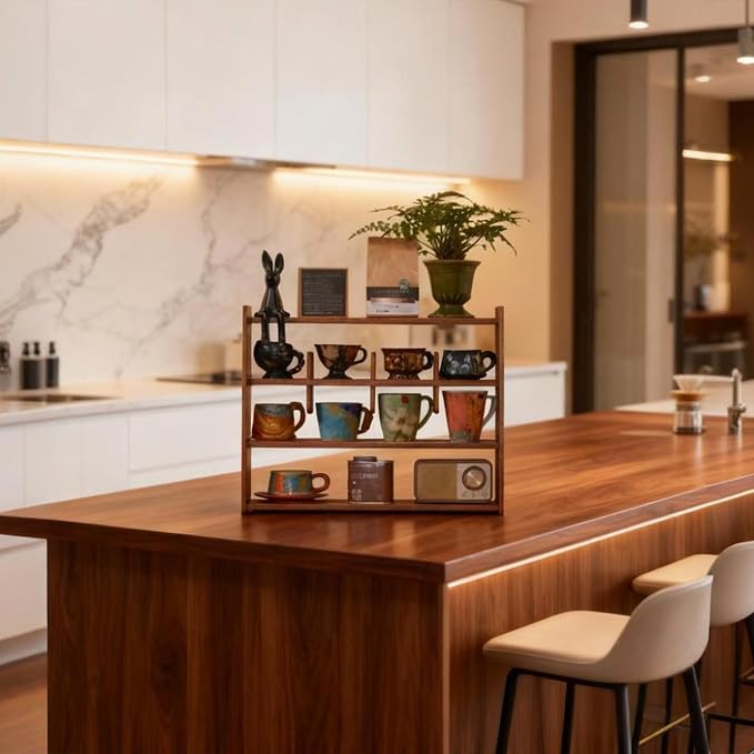 Coffee Cup Holder for Countertop Walnut Wood Mugs Shelf for Kitchen | Walnut - Image 7
