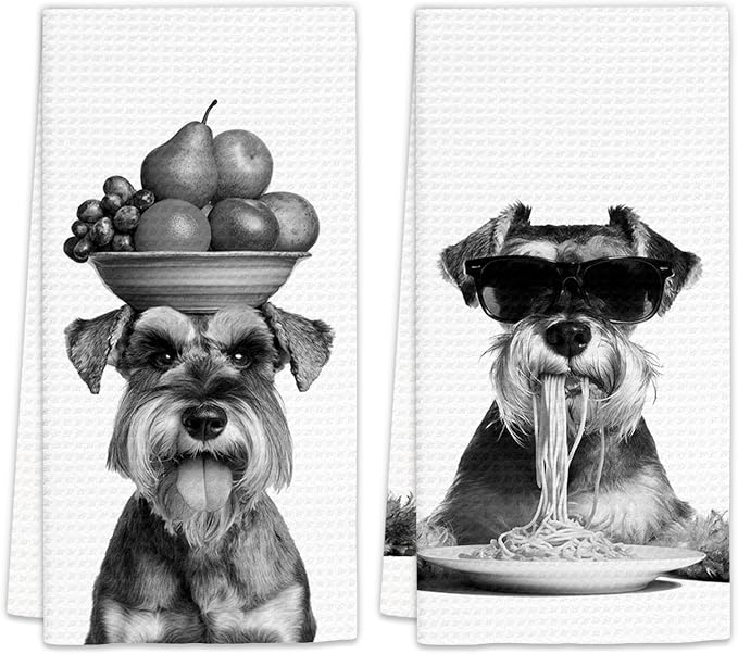 Schnauzer Gifts Funny Dog Kitchen Towels Set of 2, Dog Eating Pasta by FIicy