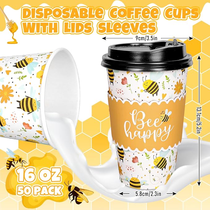 Whaline 50 Pcs Summer Bee Disposable Coffee Cups - Image 2