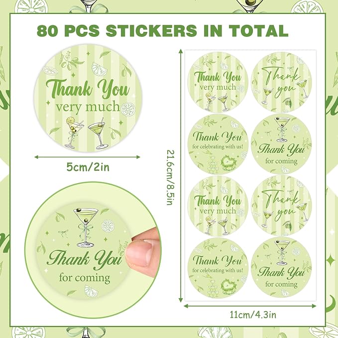 Serencatcher 80pcs Green Martini Thank You Stickers, Martini Theme Party Favors - Image 2