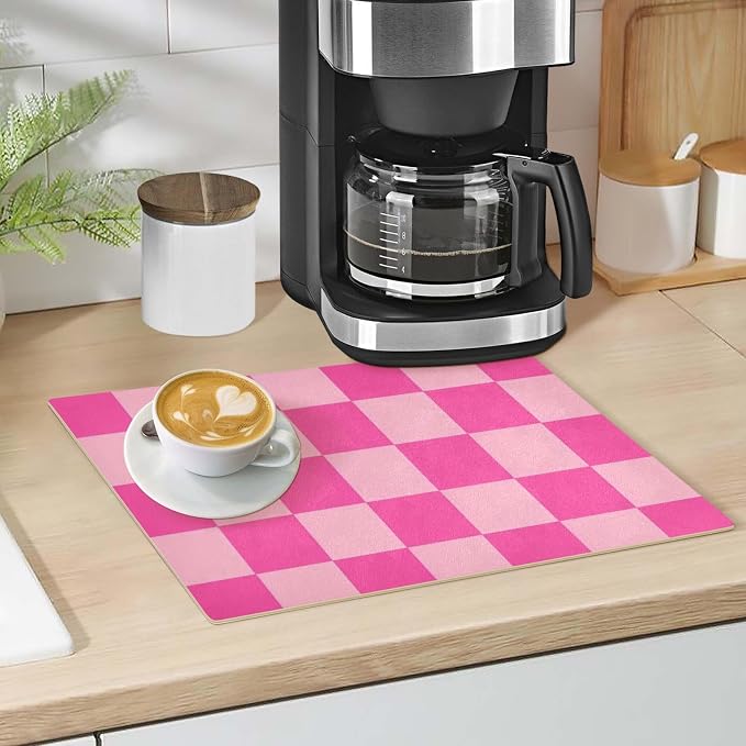 Hot Pink Checkerd05 Coffee Mat Coffee Bar Maker Station Pot Spill Machine Pad - Image 4