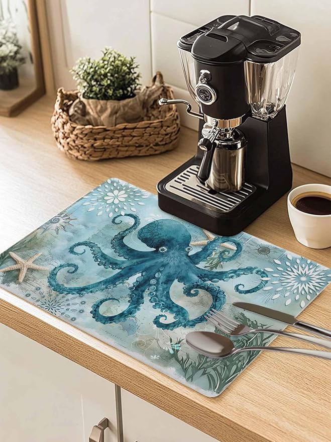 Turquoise Octopus Coffee Mat Ocean Marine Life Nautical Sea Theme Absorbent Bar by Unknown