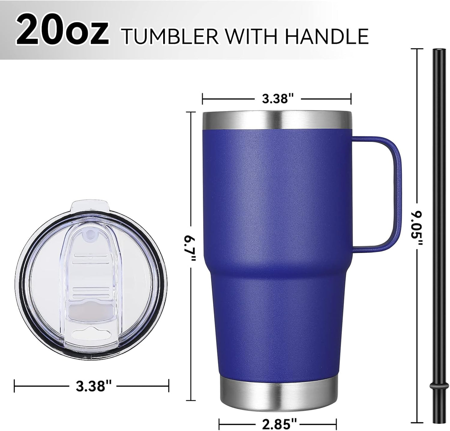 VEGOND 20 oz Tumbler with Handle Lid and Straw, Stainless Steel Insulated Travel Coffee Mug Spill Proof Double Wall Metal Tumbler Cup Keeps Drink Hot and Cold, Royal Blue 1 Pack