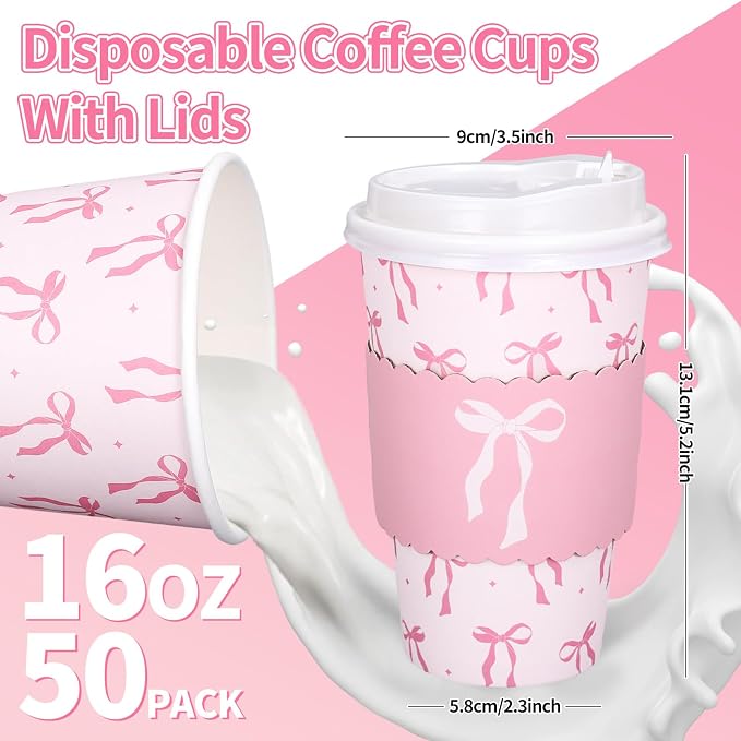 Whaline 50 Set Pink Bow Disposable Coffee Cups - Image 2