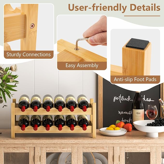Giantex Bamboo Wine Rack, 2 Tier 12 Bottle Wine Storage Cabinet Shelf, Small - Image 6