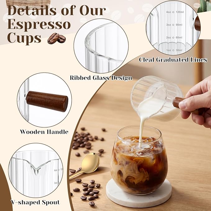 Espresso Cups Set of 4 with 4 Gold Spoons, 4 oz Espresso Shot Glasses with Wood - Image 3