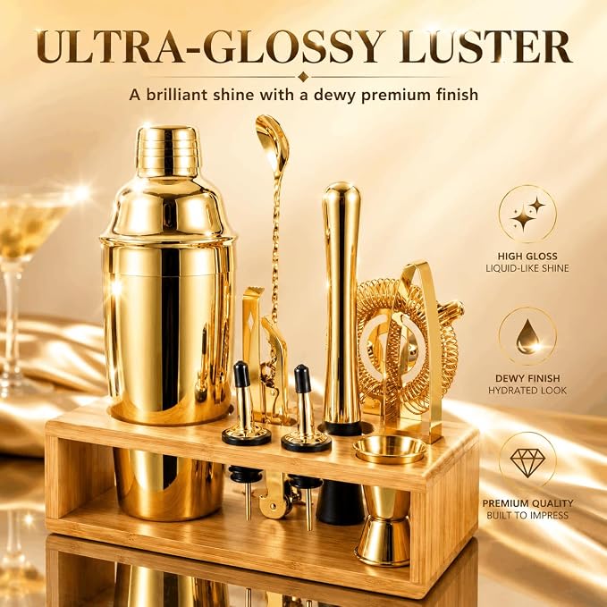 Gold Cocktail Shaker Set, Premium 18/8 Stainless Steel Mixology Bartender Kit - Image 4