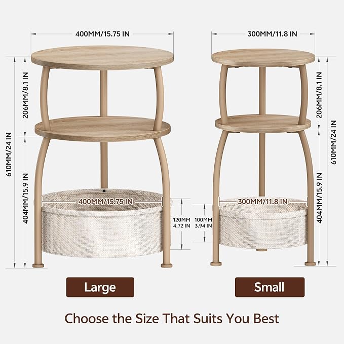 Round Side Table with Storage Basket, End Table Living Room | 3-Tier Bedside - Image 3