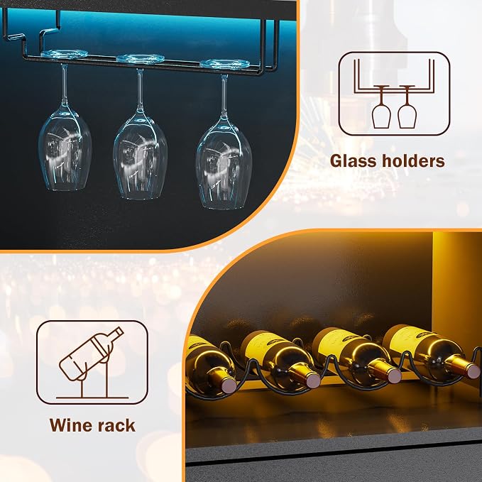 Wine Bar Cabinet with LED Lights, Liquor Bar Cabinets with Power Outlets - Image 3