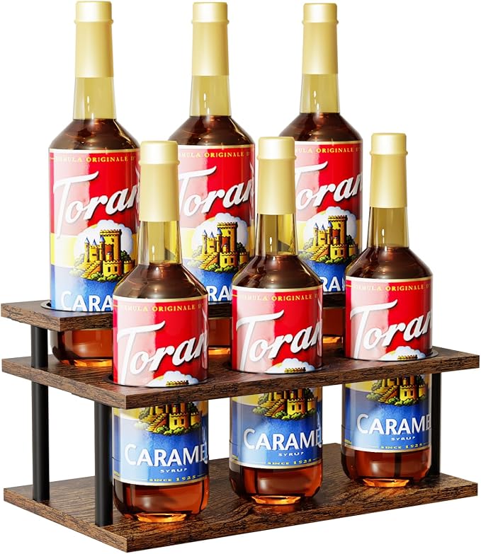 KLM Coffee Syrup Organizer, 2 Tier Wooden Small Display Shelf, Syrup Bottle by KLM