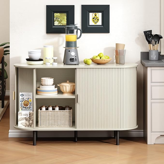 Buffet Cabinet with Storage, Fluted Sideboard Buffet with Sliding Door - Image 4