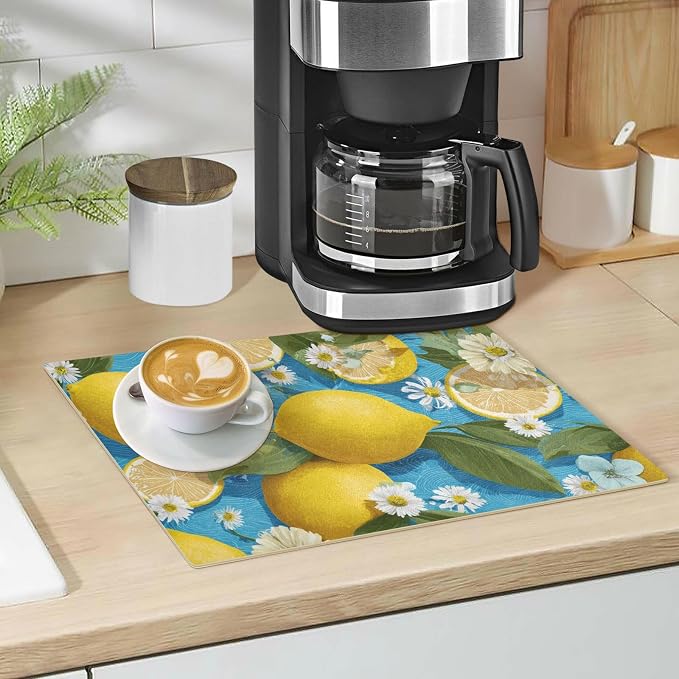 Summer Wave Lemons Daisy Coffee Mat Coffee Bar Maker Backed Absorbent Nonslip - Image 5