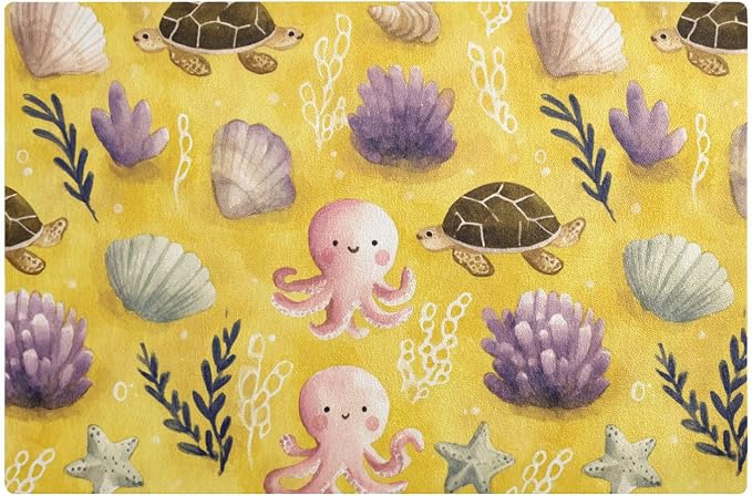 Turtles Octopuses Shells Seaweed Yellow Coffee Mat Coffee Bar Maker Backed by QwThum