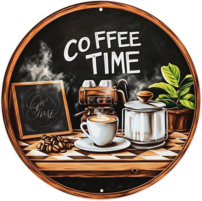 Coffee Time Chalkboard Coffee Maker Cup Beans Plant Round Tin Sign Vintage by Unknown
