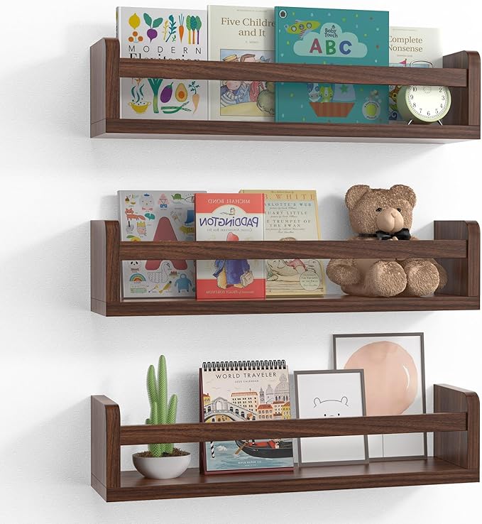 Floating Wall Nursery Book Shelves, 16.5 Inch, Walnut Color, Wall Mounted by Smallfurnitureandhomedecor