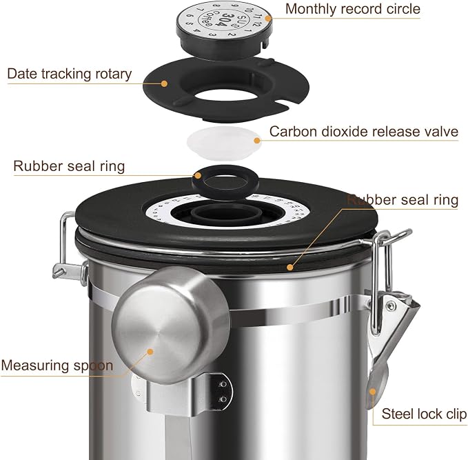 1.2L Airtight Vacuum Coffee Canister, Stainless Steel Storage Container - Image 5