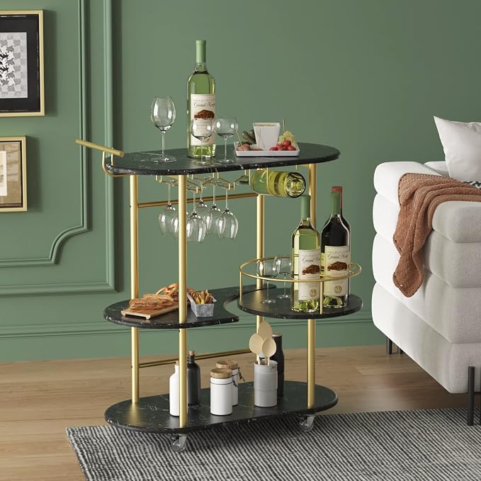 Black Bar Carts with 4-Tier Storage Shelves, Mobile Bar Serving Cart with Wine by PAUKIN