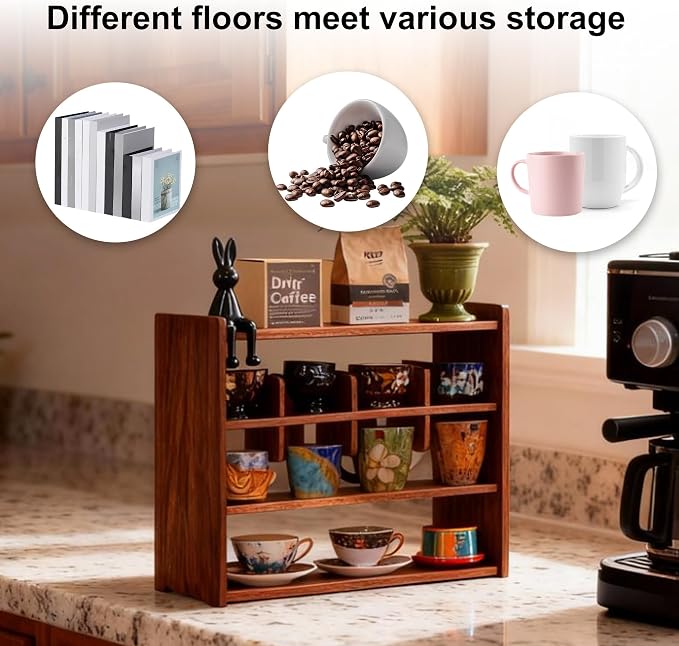 Coffee Cup Holder for Countertop Walnut Wood Mugs Shelf for Kitchen | Walnut - Image 5