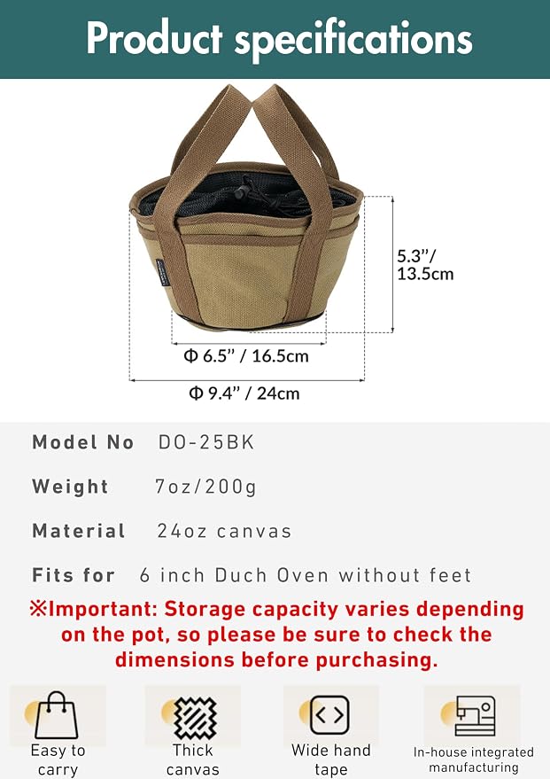 CAMPINGMOON Dutch Oven Bag 24oz Canvas Cast Iron Carry Case - Image 4