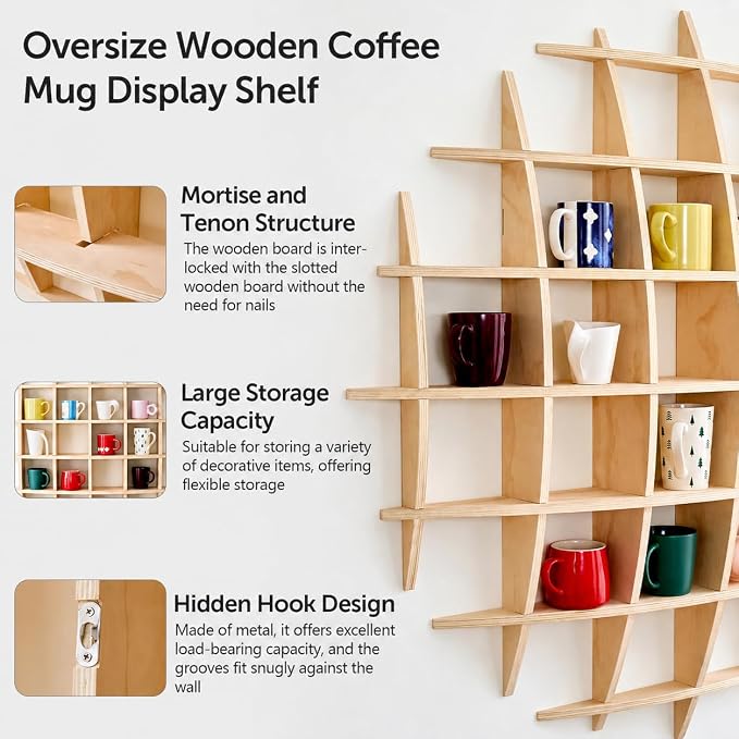 46" x46"Oversize Wooden Coffee Mug Display Shelf, Rustic Wooden Floating Curio - Image 4