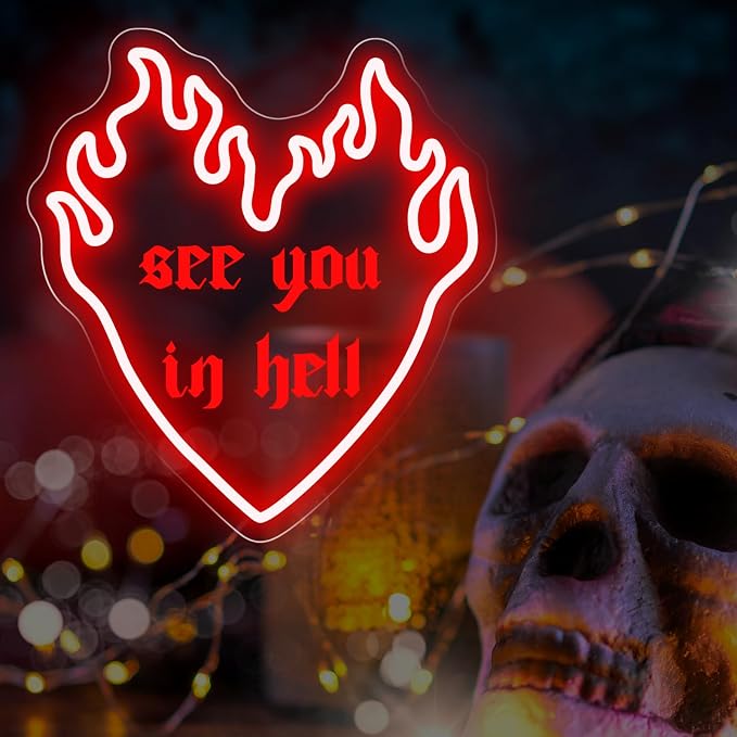 See You In Hell Neon Sign, 13.8" x 13" Red Flame Heart LED Light - Image 7