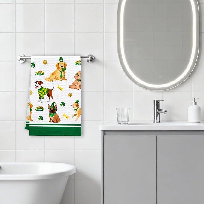 St Patrick Dog Kitchen Towels, Dog Shamrock Dish Towels, Lucky Clover Absorbent - Image 5