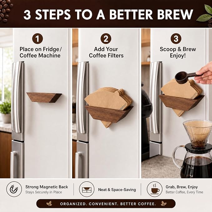 Magnetic Coffee Filter Holder Set, Walnut Wood Cone Coffee Filter Storage - Image 5
