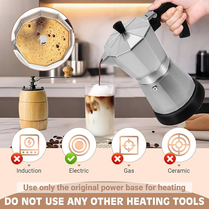 Silver Aluminum Electric Moka Pot, 3 or 6 Cups Espresso Maker - Image 4
