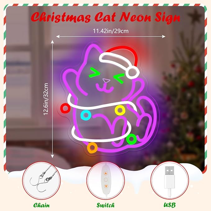 Cat Christmas Neon Sign for Wall Dimmable Black Cat Decor Neon Light Sign for - Image 2