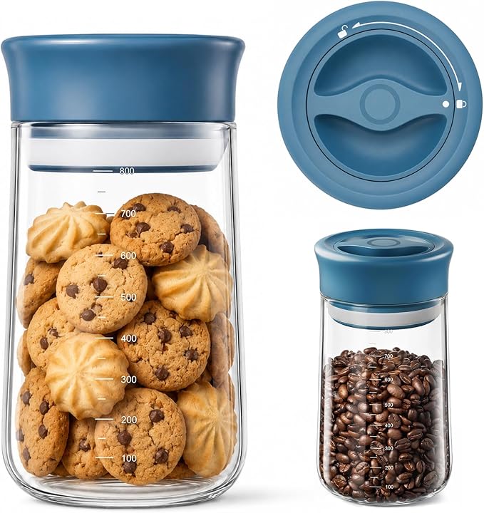 Airtight Food Jar with Blue Rotary Lid, 27oz Borosilicate Food Storage by NUZEAK