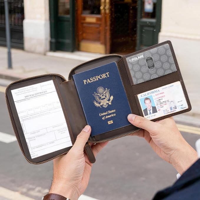 Polare Leather Pilot Wallet Passport Holder RFID Blocking Tri-fold Travel Cover - Image 9