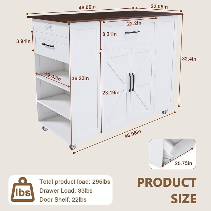 46" Kitchen Island on Wheels - Image 2