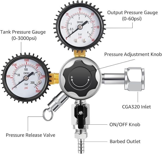 MRbrew Keg CO2 Regulator, Kegerator Regulator CGA-320, 0-60 PSI Working Pressure - Image 2