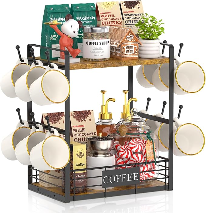 EsLuker.ly Coffee Mug Cup Holder Tree Bar Station Organizer, 2 Tier Mug Stand by EsLukerly