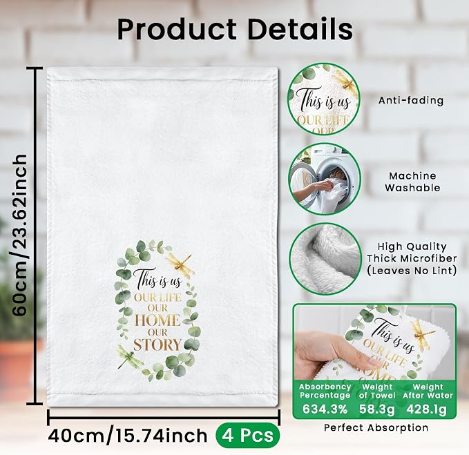 CUTHOLLOW Eucalyptus Leaves and New Home Decorative Kitchen Towels Set of 4 - Image 2