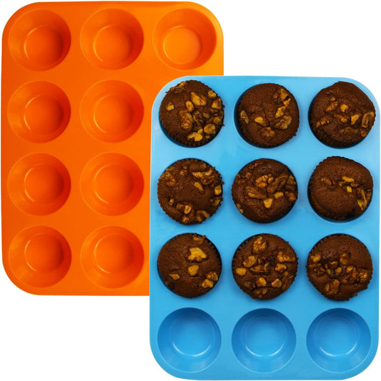 12 Cups Silicone Mini Muffin Pan Set, Nonstick Mini Cupcake Pans, BPA Free Small Muffin Tin for Baking, Set of 2 (Blue+Orange)
