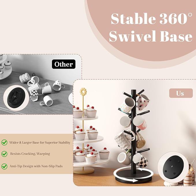 STDDRE Mug Holder Tree 360° Rotated Mug Tree Coffee Cup Holder Bamboo Rack - Image 9