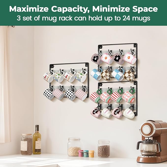 EsLuker.ly Mug Holder Hanger Rack Wall Mounted Wooden 3 Pack Coffee Cup Storage - Image 3